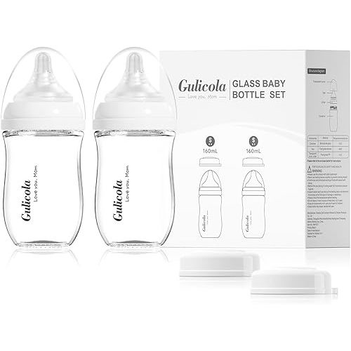 Natural Glass Baby Bottle for Breastfeeding Babies, Newborn Anti-Colic Bottle Set with Slow Flow Nipple, 0-3 Months, 5 oz, 2 Pack - White