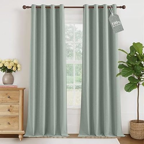 NICETOWN Sage Green Curtains 100% Blackout, W52 x L84 in, Linen Textured Draperies for Bedroom, Privacy Protection & Noise Reducing Drapes, Insulated Window Treatments for Farmhouse, 2 Panels