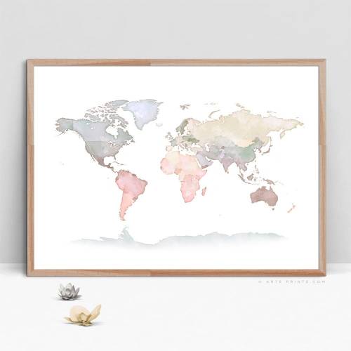 Pastel World Map Wall Art, Watercolor Continents, Neutral Baby Nursery Decor, World Map Poster Printable, Digital Download - Aga Szafranska
