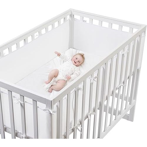 4 Sides Crib Liner Pads for Full Size Cribs,Upgraded Crib Padded Cushioned Liners Crib Anticollision Pads,New Pink Covers-Long Pieces (111in x 11in), Short Pieces(82in x11in) (White)