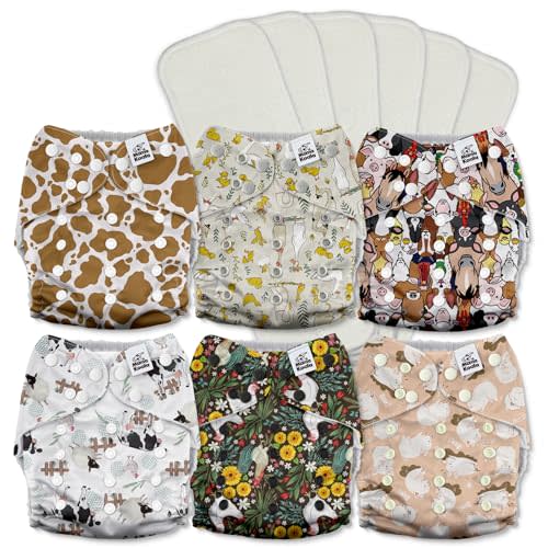 Mama Koala 3.0 Cloth Diapers for Babies with AWJ Lining, 6 Pack with 6 5-Layer Natural Cloth Diaper Inserts - Reusable and Washable Pocket Diapers(A-The Farm Story)