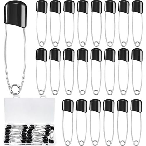 50 Pieces Diaper Pins Safety 2.2 Inch Plastic Head Cloth Diaper Nappy Pins with Locking Closures Stainless Steel with Velvet Bag(Black)