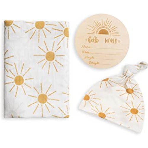 Miaoberry 100% Organic Cotton Baby Muslin Swaddle Blanket Set| Golden Boho Sunrays| Gender Neutral for Boys Girls|Yellow Mustard Orange Sun Rays| Hospital Newborn Receiving Blanket |Newborn Unisex