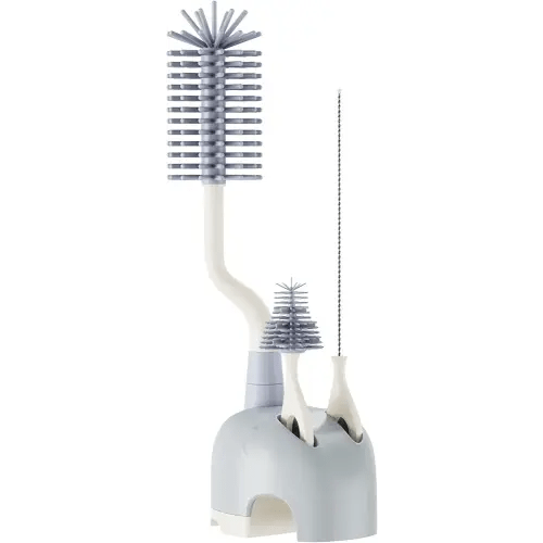 Silicone Bottle Brush Set with Stand, 360° Rotating Bottle Cleaning Brush Cleaner Set, Long Handle 3 in 1 Multipurpose Silicone Baby Bottle Straw Cleaner Brush (Grey)