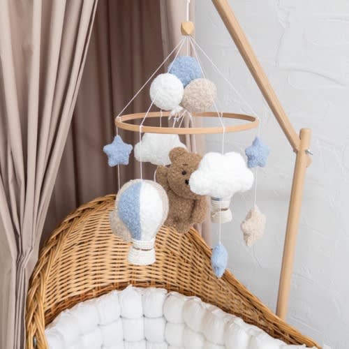Baby Crib Mobile with Teddy Bear & Hot Air Balloons, Blue Boucle Nursery Mobile, Neutral Baby Mobile, Baby Shower Gift