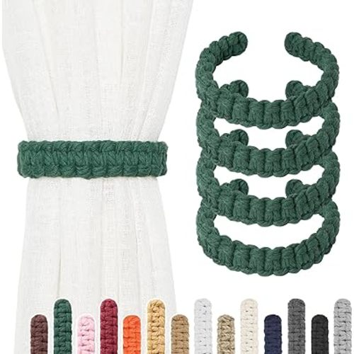 NICEEC 4 Pack Natural Cotton Rope Curtain Tiebacks Farmhouse Rustic Style Decorative Drape Tie Backs Handmade Braided Curtain Holdbacks for Home & Office Sheer/Light Weight Drapery (C-Dark Green-S)