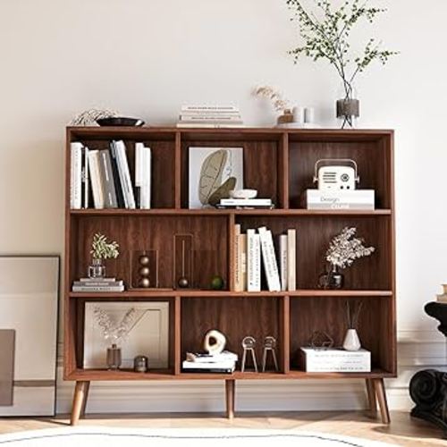 VICLLAX 3-Tier Open Shelf with Legs, Storage Walnut Book Shelves, 8 Cube Floor Standing Display Shelf for Home Office, Bedroom, Reading Room