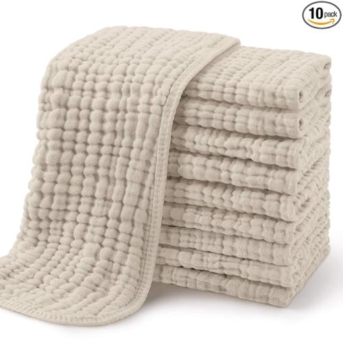 Yoofoss Muslin Burp Cloths for Baby 10 Pack 100% Organic Cotton Baby Washcloths for Boys Girls Large 20''X10'' Super Soft and Absorbent Apricot White