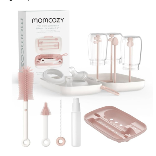 Momcozy Bottle Brush Set - Baby Bottle Cleaner Kit with Silicone Brush, Nipple Brush, Straw Brush, Soap Dispenser, Drying Rack - 7 in 1 Bottle Cleaning Tool for Home and Travel, Pink