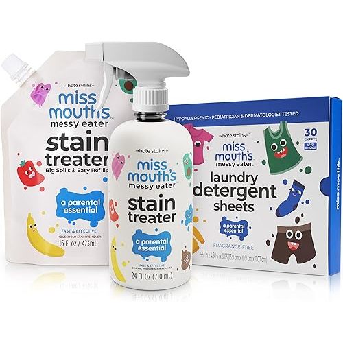 Miss Mouth's Messy Eater Stain Treater - 16oz Bottle & Refill Pouch and Laundry Detergent Sheets