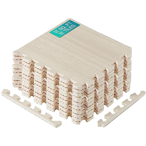 Yes4All 12SQ.FT Wood Grain Puzzle Exercise Mat Protective Flooring, EVA Interlocking Foam Floor Tiles with Border for Home