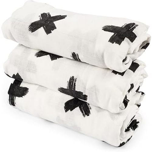 Muslin Swaddle Blankets for Baby Boys & Girls - Plus/X Signs (3pack) - 70% Rayon derived from Bamboo 30% Cotton- Black and White Muslin Blanket Baby - Receiving Muslim Infant Wrap Swaddles