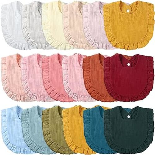 Kenning 18 Pcs Muslin Baby Bibs Bulk Baby Bandana Drool Bibs Cute Ruffle Bibs Absorbent Cotton Teething Bibs Adjustable Burp Bibs with Snap Button for Baby Boys Girls Toddler Infant, 16 Colors