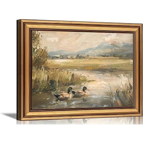Vintage Gold Framed 3D Textured Wall Art Mallard Duck Pond Wall Decor Picture Countryside Farmhouse Wildlife Nature Cottagecore Landscape Poster Print for Gallery Living Room Home Decoration 9x11in