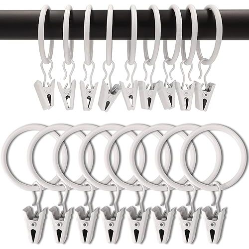 100 Pack White Curtain Rings with Clips, Curtain Hooks Hangers Clip Rings for Hanging Drapes Bows Hat, Drapery Rings 1.26 in I D, Fits up to 1 in Diameter Curtain Rod.