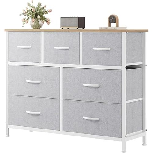 Sweetcrispy 7 Drawer Dresser with Fabric Bins, Fabric Storage Tower Organizer for Bedroom, Closet, Hallway, Entryway, Tall Chest of Drawers with Steel Frame, Wood Top, Light Grey
