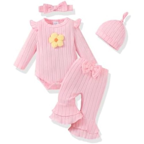 Renotemy Preemie Newborn Baby Girl Clothes Ruffle Bodysuit Long Sleeve Romper Bell Bottom Pants Fall Winter Outfit Set
