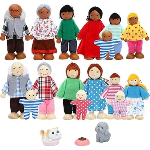 ONEST 19 Pieces Wooden Dollhouse Family Set Mini People Figures Sets Dollhouse Dolls Wooden Doll Family Pretend Play Figures Accessories for Pretend Dollhouse Toy