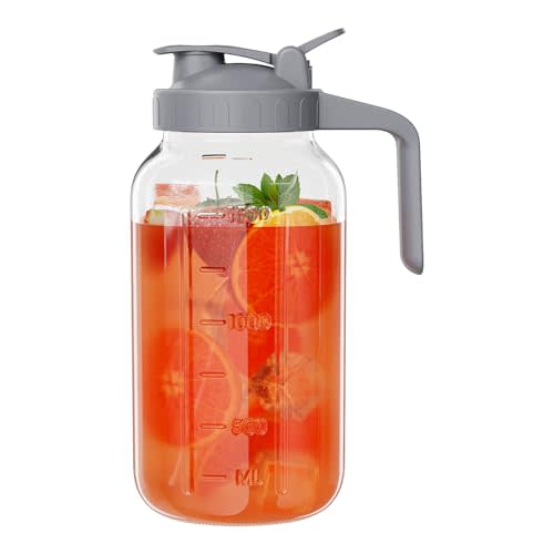 Glass Mason Jar Pitcher, 64 oz Wide Mouth Jug with Pour Spout Handle Lid for Cold Brew Coffee, Ice Beverage, Iced Juice, Lemonade, Sun Tea, Fruit Drinks Container