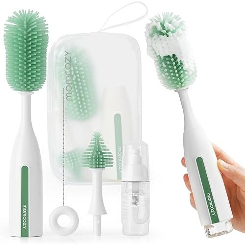 Momcozy Bottle Brush Kit Pro, Innovative Push-Press Design for Deep Cleaning - Bottle Cleaner Brush for Bottle/Breast Pumps/Nipple - Clog-Free Brush & Foam-Generating Design for Better Cleaning, Green