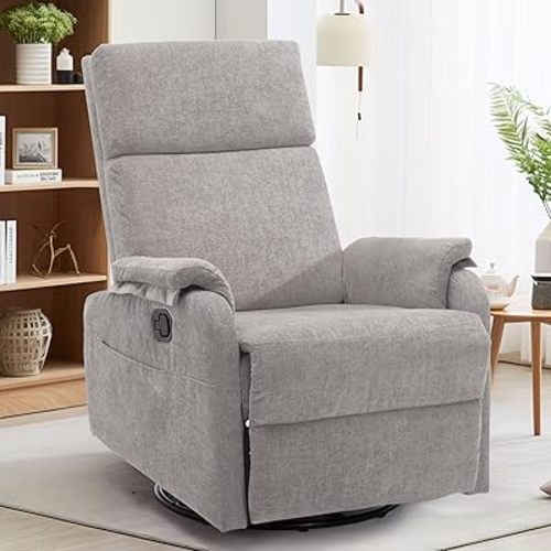 Recliner Chair, Swivel Rocking Recliner Chair for Adults, Glider Rocking Chair, Small Nursery Chair Recliner for Living Room, Reclining Chair with Modern-Designed Armrests, Chenille, Grey