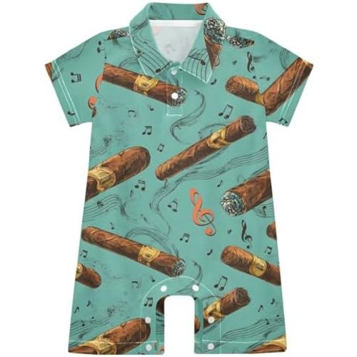 Baby Polo Romper Cigar Music Notes Pattern Infant Onesie Short Sleeve Jumpsuit Newborn Cloths 3-24 Months