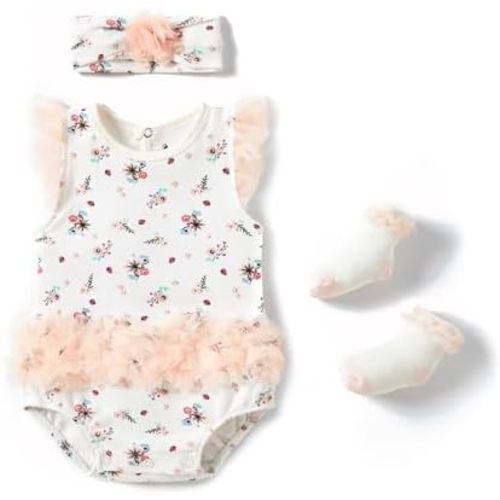 Baby Girl Bodysuits Romper with Lace Trim Super Cute One-piece Clothes with Socks and Hairbands