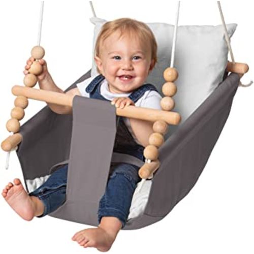 Outdoor and Indoor Baby Hammock Swing Seat by Frobel - Canvas Boho Hanging Baby Swing for Baby to Toddler 1 Year to 4 Years Old, Hanging Kit and Anchor Included, Safe and Secure, Grey
