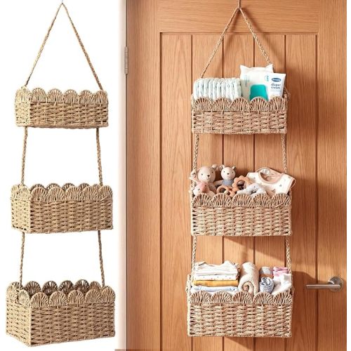 Qunclay Over The Door Hanging Basket 3-tier Decorative Hanging Nursery Baskets Large Baby Diaper Caddy Wall Mounted Woven Organizer for Home Bedroom Living Room Baby Shower Gifts