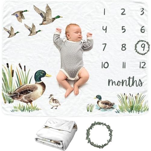 Mallard Duck Baby Monthly Blanket for Boy & Girls, Newborn Month Blanket, Soft Flannel Photography Background Prop Blanket, Personalized Shower Gift, Mallard Duck