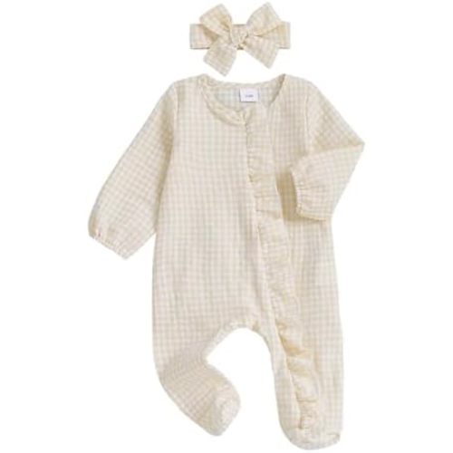 Infant Baby Girl Fall Outfit Sweatshirt Romper Footies Plaid Ruffled Trim Jumpsuit Zip Up Onesie Newborn Winter Clothes