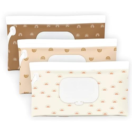 Baby Wipe Holder,Wipe Dispenser, 3-Pack Portable Refillable Wipe Container,Reusable Travel Baby Wipes Case, Waterproof and Dustproof, Wipe Holder for Diaper (Bohemian)