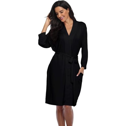 Super Shopping-zone Women's Robes Lightweight Kimono Robes Knit Bathrobes Soft Sleepwear Loungewear - Medium - Black2-modal