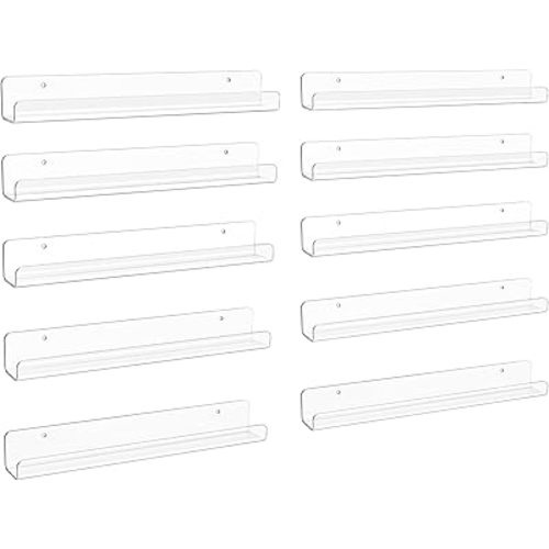 upsimples 10 Pack Clear Acrylic Shelves, 12" Nursery Bookshelves for Wall, Floating Bookshelf for Kids Baby, Vinyl Display, Record Holder, Magazine Rack, Picture Ledge Shelf
