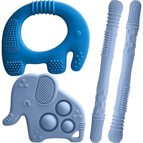 Silicone Baby Teething Toys, Soft Teether Set for Sore Gums, BPA Free Chew Toys for Infants 3+ Months, Textured Teething Relief, Easy Grip Design (Dark Blue)