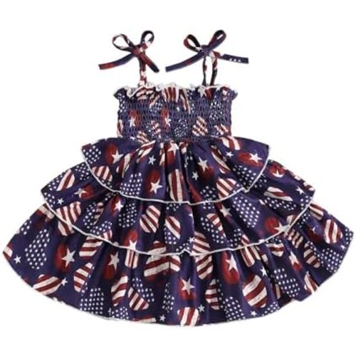 Toddler Girl 4th of July Outfit USA Smocked Dress Spaghetti Strap Ruffle Dresses Little Girls Fourth of July Clothes