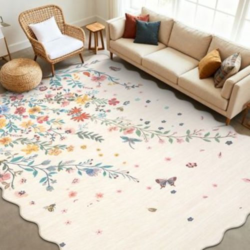 Garvee Scalloped Area Rugs for Living Room Bedroom Modern Floral Print Rug Butterfly Pattern Rug Low Pile Non-Slip Accent Rug