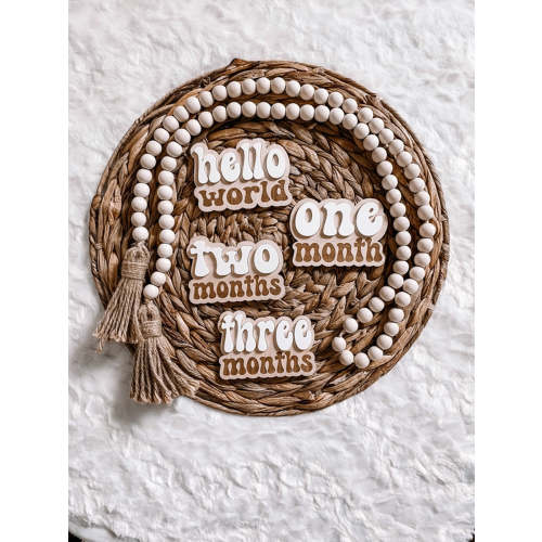 Wooden Monthly Milestone Set + Hello World Plaque, 3D Retro White
