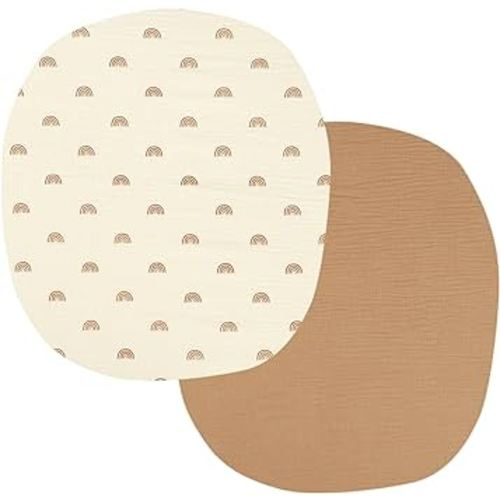 Muslin Bassinet Sheets 24" x21" Compatible with Graco Pack ‘n-Play Dome LX Bassinet, Small Round Bassinet Sheets 2 Pack 100% Cotton Natural and Rainbow