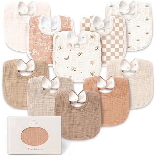 Konssy 10-Pack Muslin Baby Bibs, Soft Cotton Bandana Bibs for Drooling & Teething, Unisex Solid Colors for Boys & Girls, Newborn & Infant