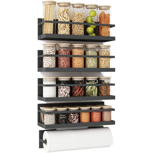 Magnetic Spice Rack For Refrigerator Magnetic Fridge Shelf For Kitchen Spice Organizer Magnetic Shelf For Fridge Space Saving Black 4 Pack With Magnetic Paper Towel Holder