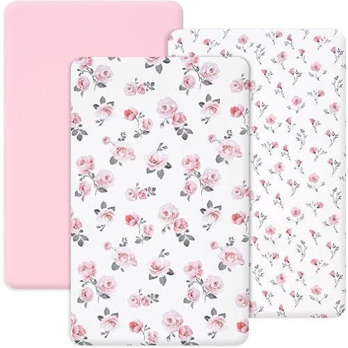 PHF 3 Pack Soft Mini Crib Sheets, Rose Floral Silky Pack N Play Sheets for Baby Boys Girls, Universal Fit for Pack N Play, Playard, Portable and Mini Crib Mattresses, Pink Floral