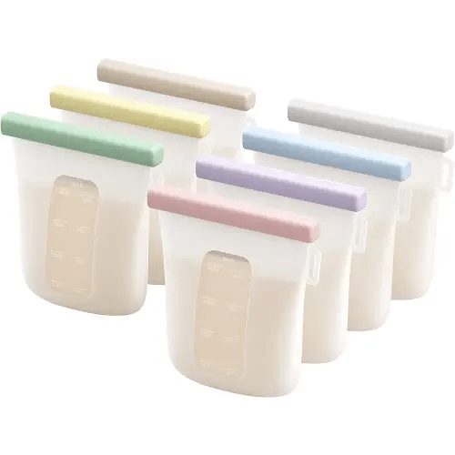 Nuliie 7 Pcs Silicone Breastmilk Storage Bags Reusable, 8oz/240ml Double Leak-Proof Breastmilk Freezer Bags, BPA Free Self-Standing Milk Bags for Breastfeeding, Baby Food Pouches