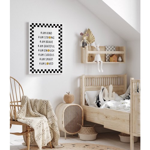 Affirmations Wall Art Gender Black Nursery Decor, Kids Affirmation Art, Play Room Decor, Playroom Sign, Checkered Smiley Poster Printable