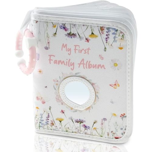Baby's My First Photo Album with Hook Mirror, Newborn First Family Photo Album for Baby, Hold 17 4x6 Photos, Present, Soft Cloth Family Book for Newborn