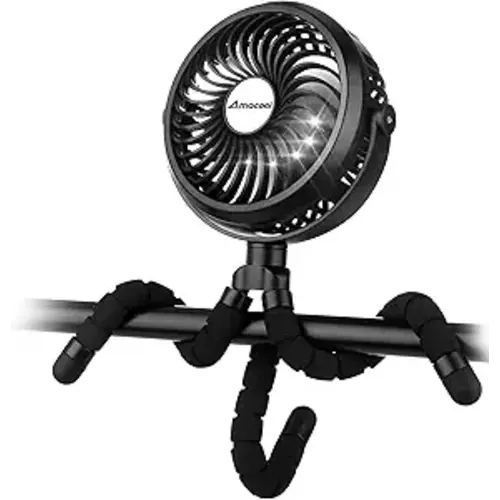 AMACOOL Battery Operated Stroller Fan Flexible Tripod Clip On Fan with 3 Speeds and Rotatable Handheld Personal Fans for Car Seat Crib Bike Treadmill (Black)