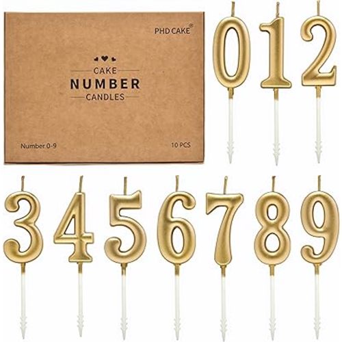PHD CAKE 10-Pieces Champagne Gold Number Birthday Candles, Cake Numeral Candles Number 0-9 Glitter Cake Topper Decoration for Birthday,Wedding Anniversary,Party Celebration