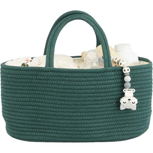 Baby Diaper Caddy Organizer for Girl Boy Rope Nursery Storage Bin Basket Portable Holder Tote Bag for Changing Table Car Travel Baby Shower Gifts Newborn Essentials Registry Must Have Items Dark Green - Regular - Dark green