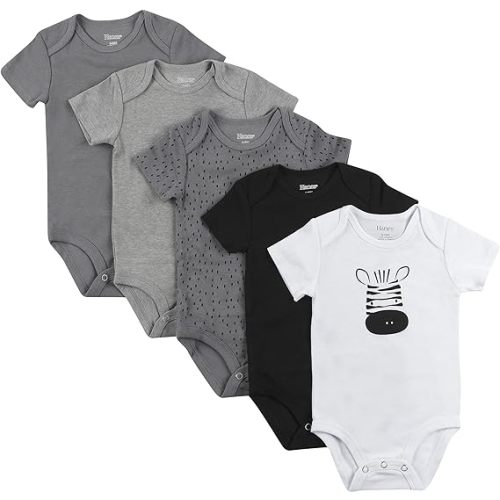Hanes Unisex-Baby Hanes Baby Bodysuits, Ultimate Flexy Short Sleeve For Boys & Girls, 5-Pack - 0-6 Months - Grey/Black