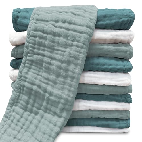 Muslin Burp Cloths for Baby 100% Cotton Burping Cloths for Unisex, Boy, Girl - Large 20'' by 10'' Newborn Essentials Ultra Soft Absorbent Milk Spit Up Rags - 12 Pack - White+Light Emerald Series